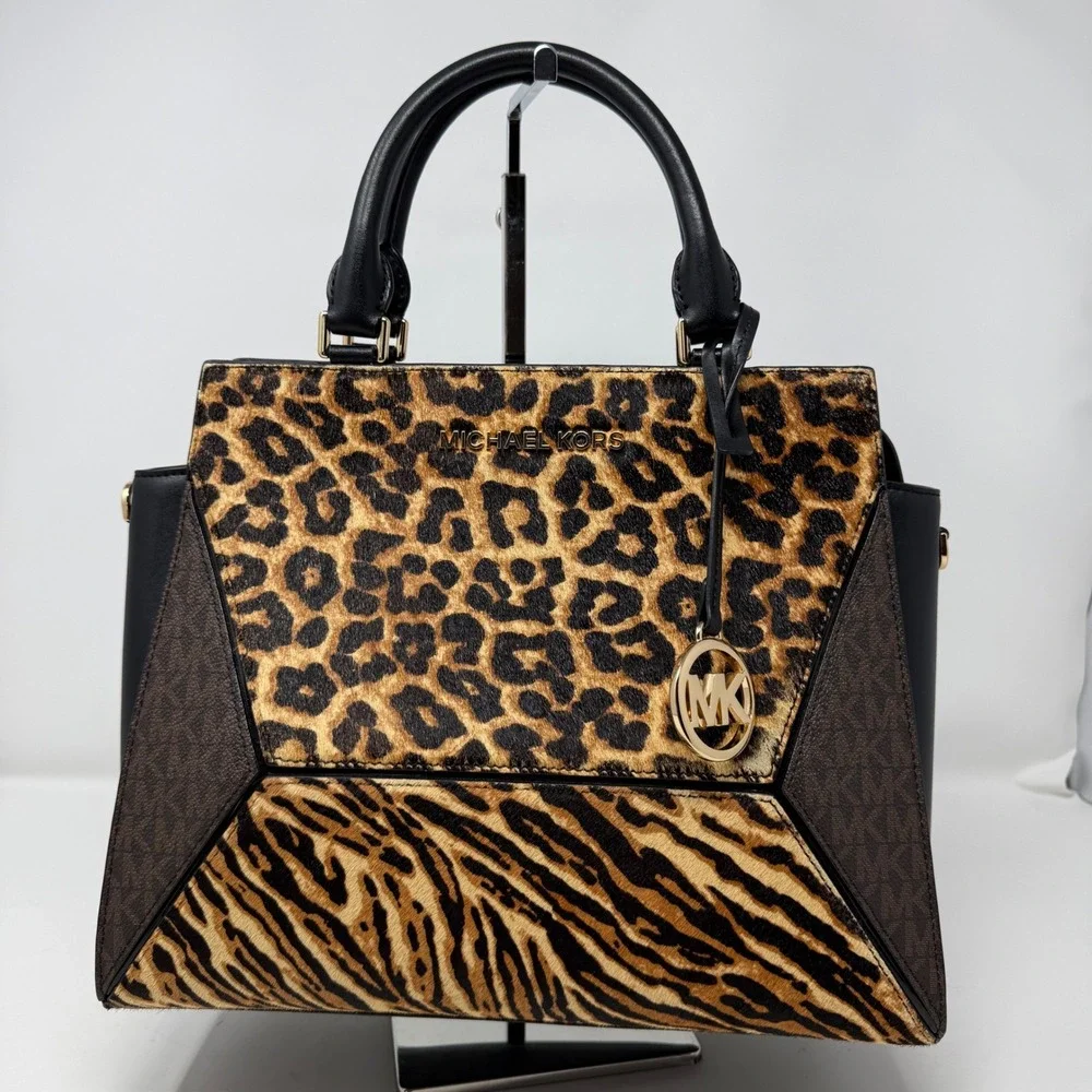 Michael Kors Hope Satchel Bag Brown Leopard Tiger Haircalf Leather Mob Wife